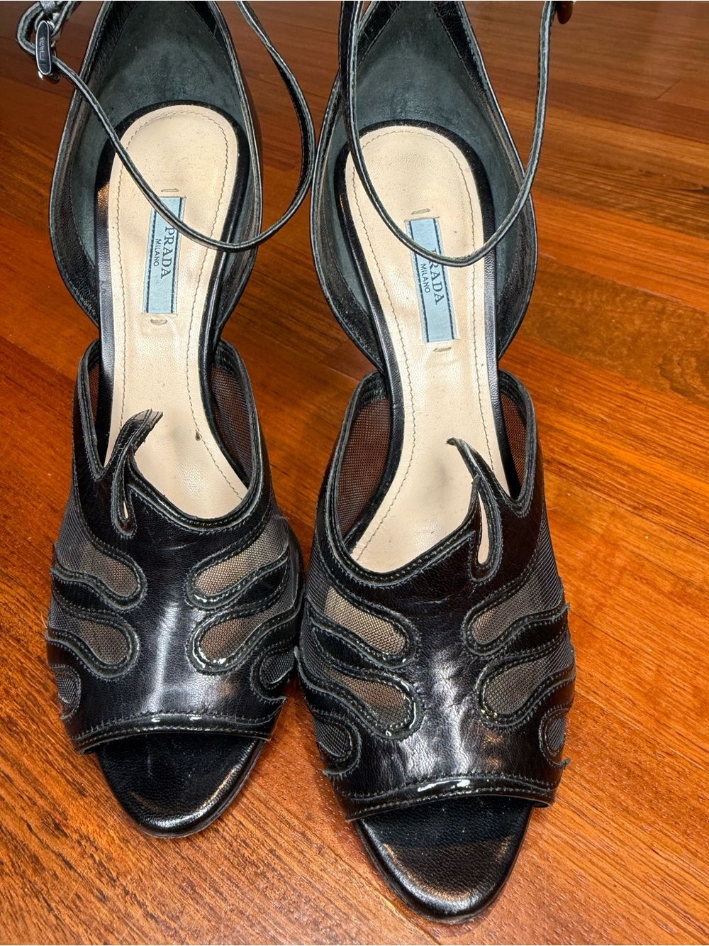 Prada Black Leather Open-Toe Slingback Heels with Cutout Detailing